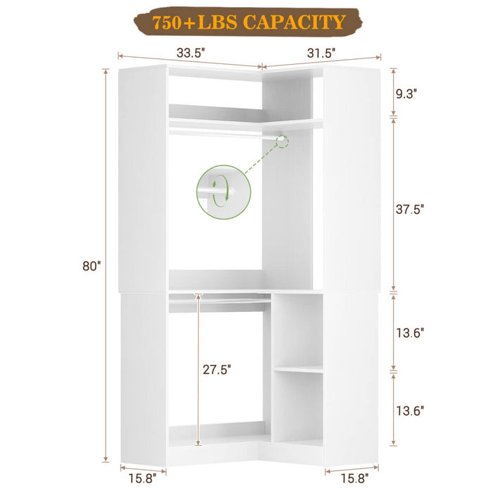 34'' Freestanding Corner Closet System with 2 Hanging Rods & Open Storage Shelves