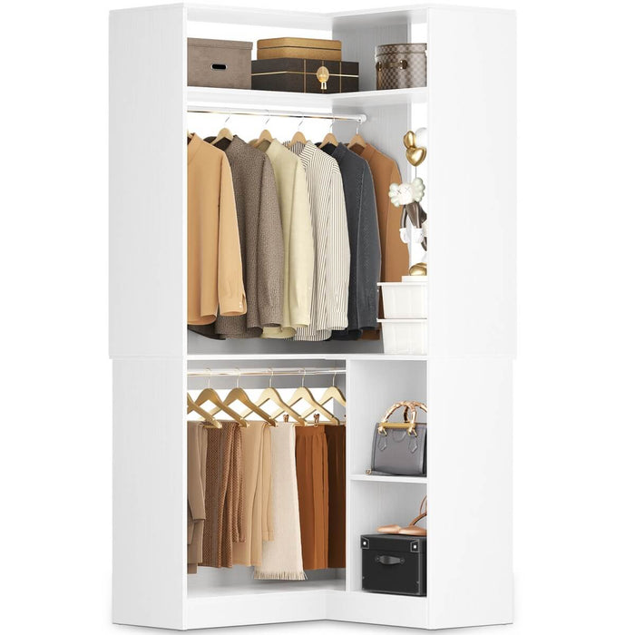34'' Freestanding Corner Closet System with 2 Hanging Rods & Open Storage Shelves