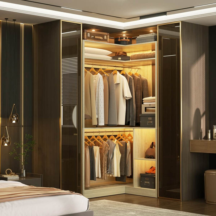 34'' Freestanding Corner Closet System with 2 Hanging Rods & Open Storage Shelves