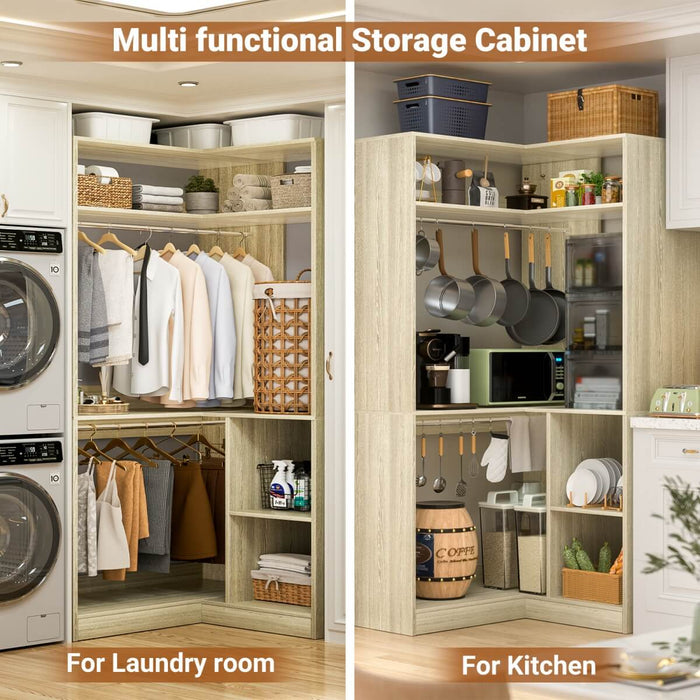 34'' Freestanding Corner Closet System with 2 Hanging Rods & Open Storage Shelves