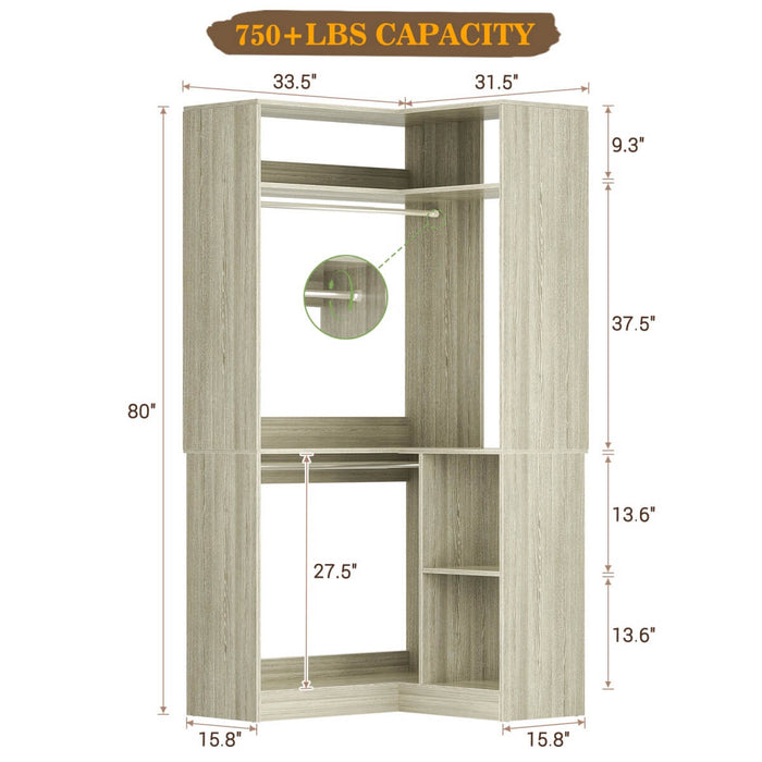 34'' Freestanding Corner Closet System with 2 Hanging Rods & Open Storage Shelves