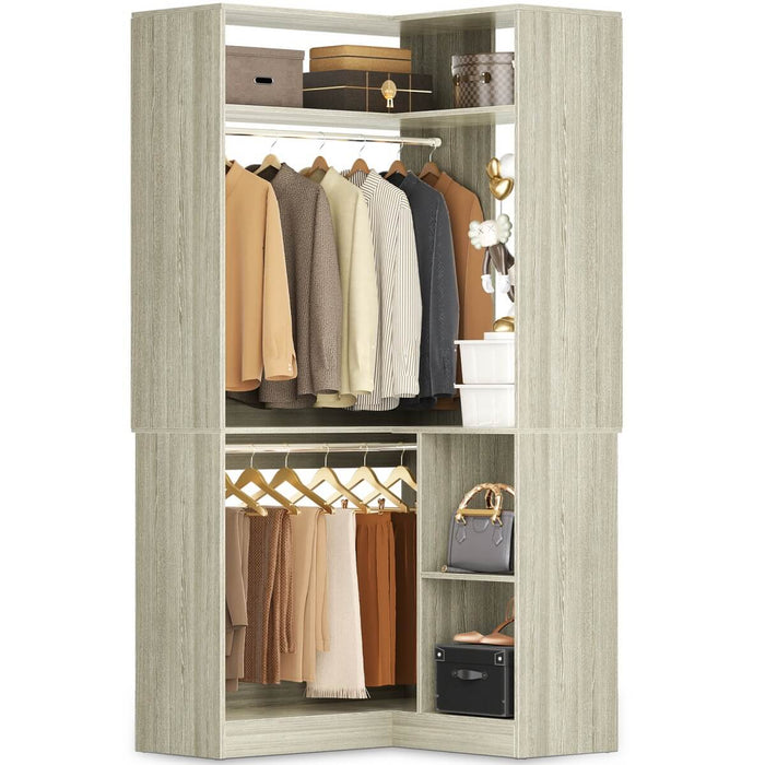 34'' Freestanding Corner Closet System with 2 Hanging Rods & Open Storage Shelves
