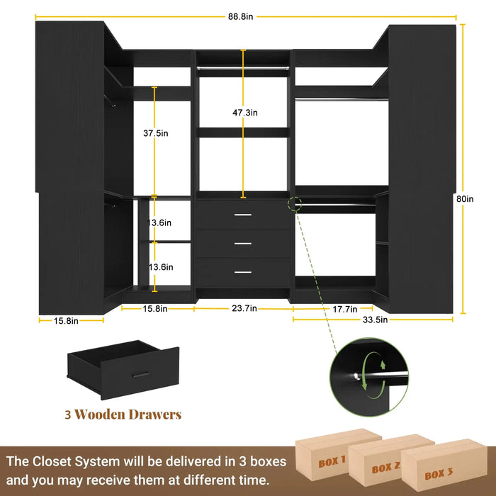 U-Shaped Heavy Duty Closet Organizer System with Drawers and Shelves, 3 Packs