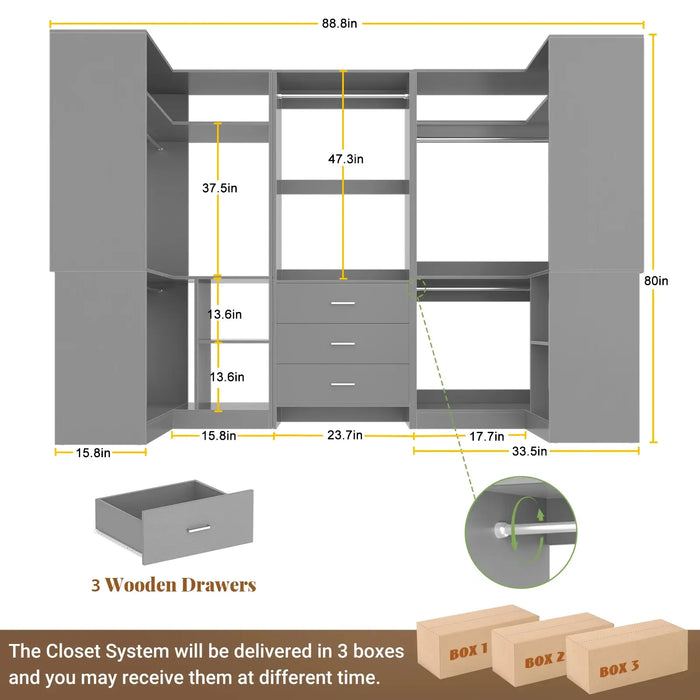 U-Shaped Heavy Duty Closet Organizer System with Drawers and Shelves, 3 Packs