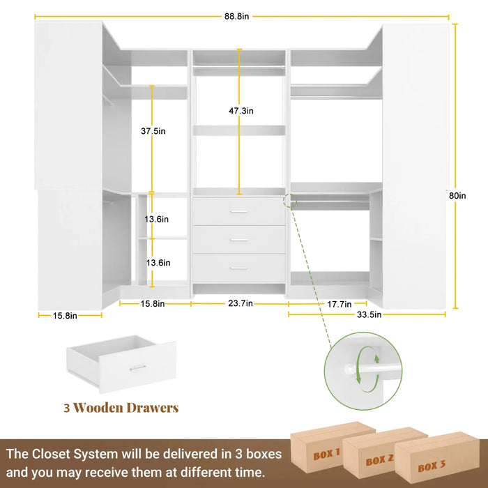 U-Shaped Heavy Duty Closet Organizer System with Drawers and Shelves, 3 Packs