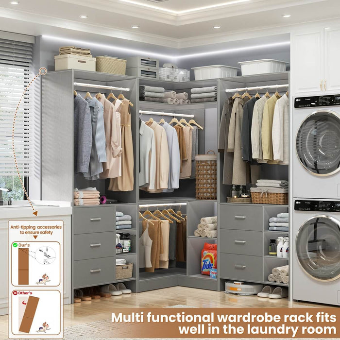 Closet System with 6 Drawers, 4 Hanging Rods & Corner Tower, Set of 3