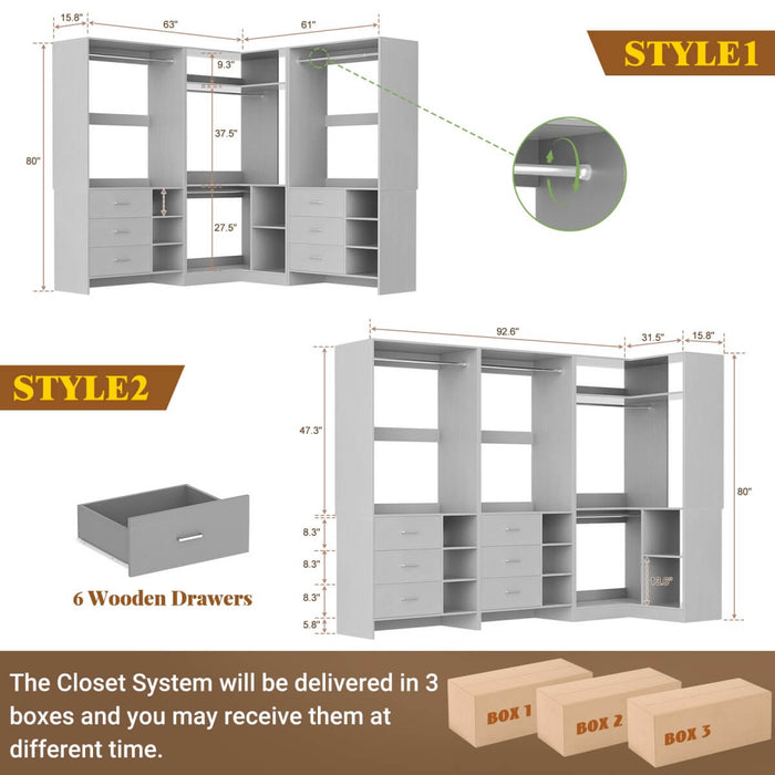 Closet System with 6 Drawers, 4 Hanging Rods & Corner Tower, Set of 3