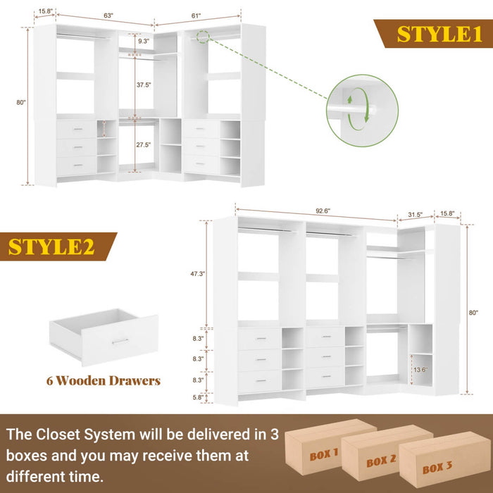 Closet System with 6 Drawers, 4 Hanging Rods & Corner Tower, Set of 3
