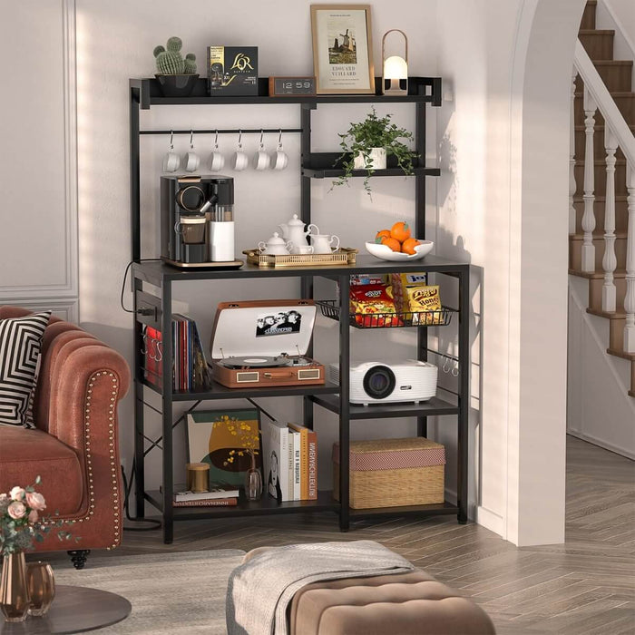 Baker's Rack with Power Outlets, LED Light, Storage Shelves & 10 Metal Hooks