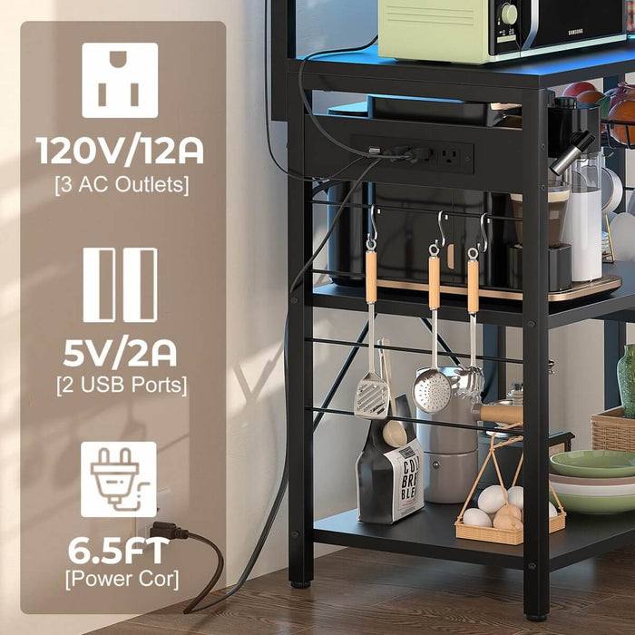 Baker's Rack with Power Outlets, LED Light, Storage Shelves & 10 Metal Hooks