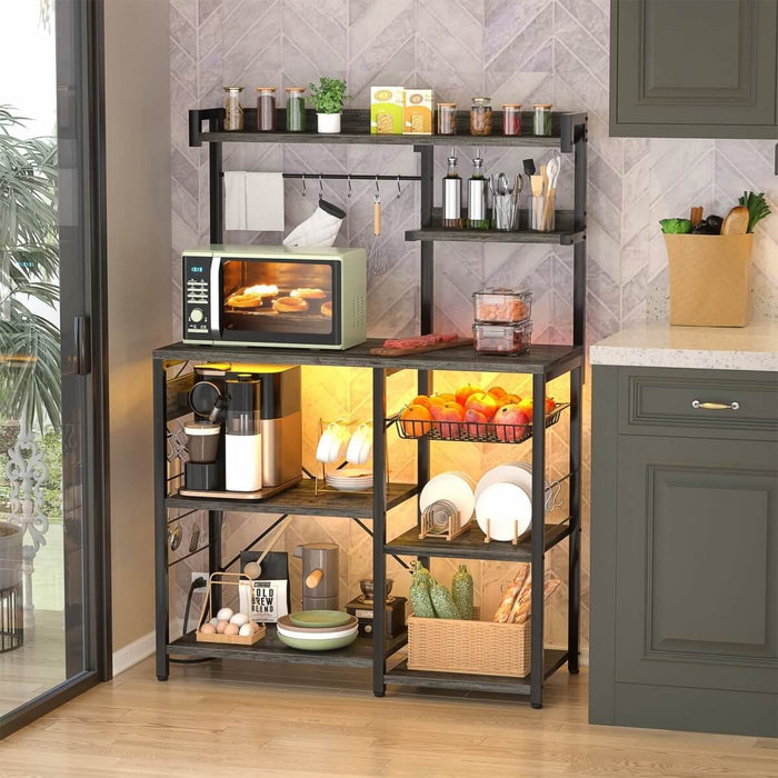 Baker's Rack with Power Outlets, LED Light, Storage Shelves & 10 Metal Hooks
