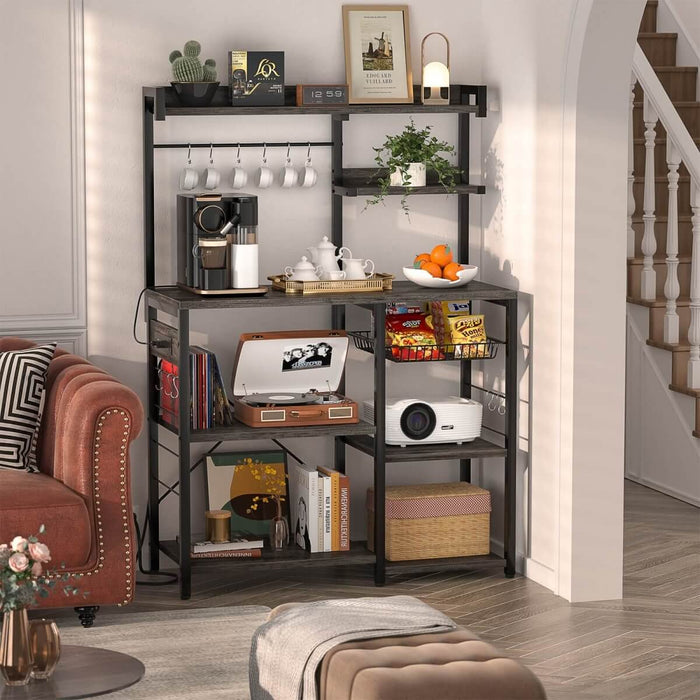 Baker's Rack with Power Outlets, LED Light, Storage Shelves & 10 Metal Hooks