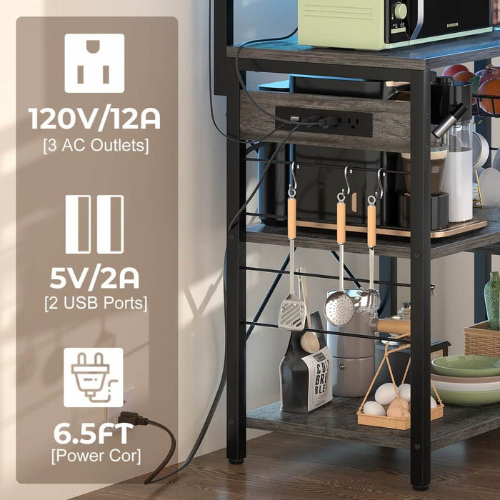 Baker's Rack with Power Outlets, LED Light, Storage Shelves & 10 Metal Hooks