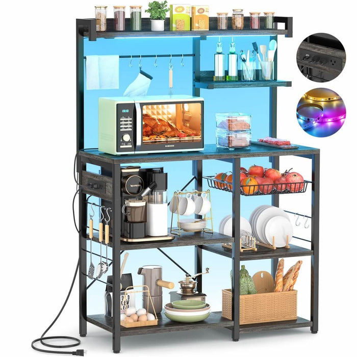 Baker's Rack with Power Outlets, LED Light, Storage Shelves & 10 Metal Hooks