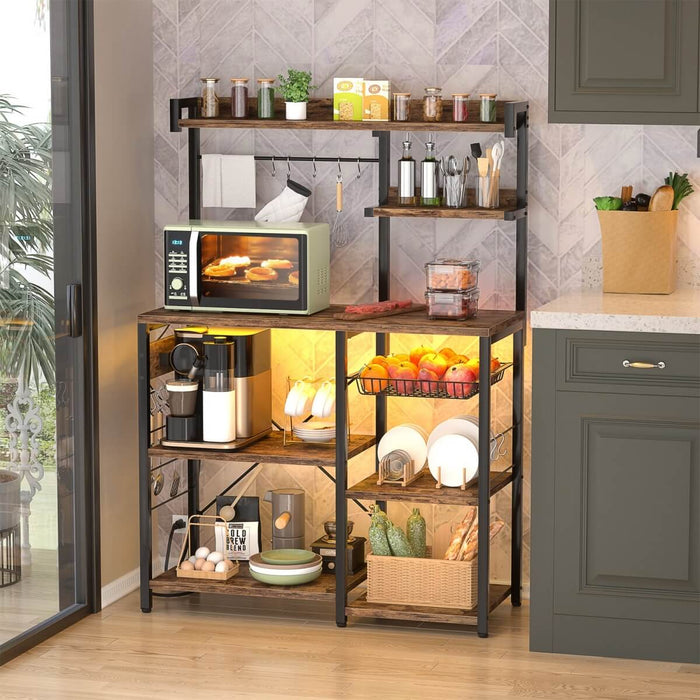 Baker's Rack with Power Outlets, LED Light, Storage Shelves & 10 Metal Hooks