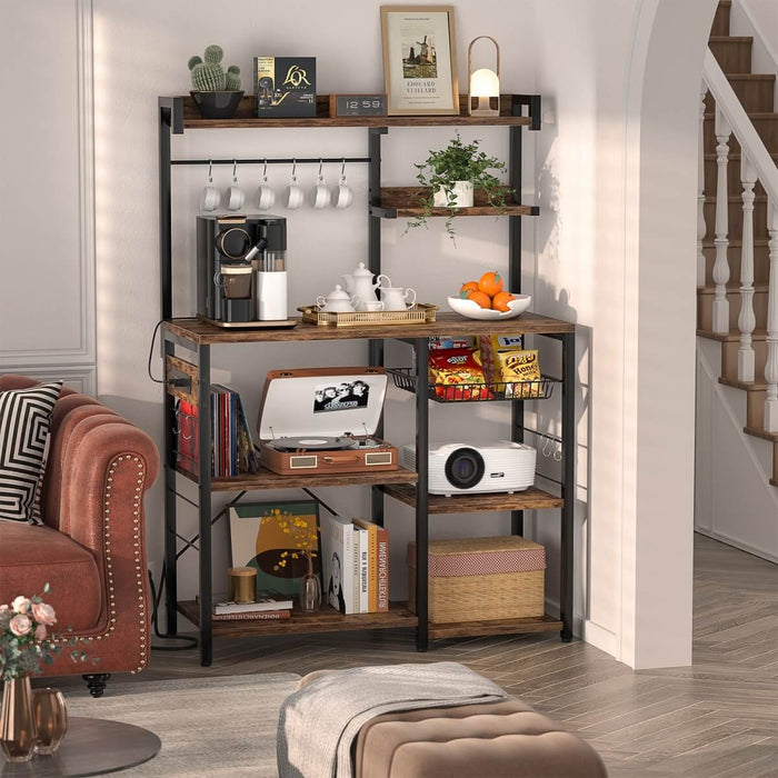 Baker's Rack with Power Outlets, LED Light, Storage Shelves & 10 Metal Hooks