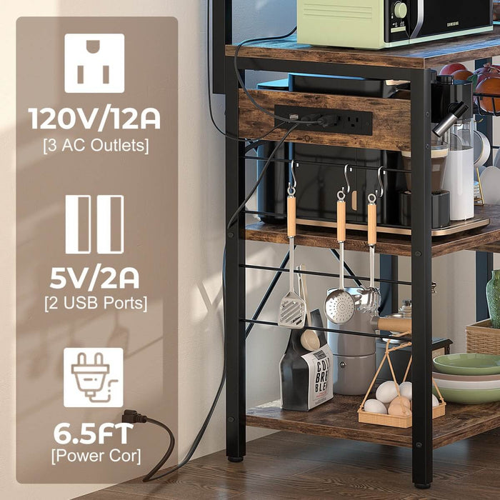 Baker's Rack with Power Outlets, LED Light, Storage Shelves & 10 Metal Hooks