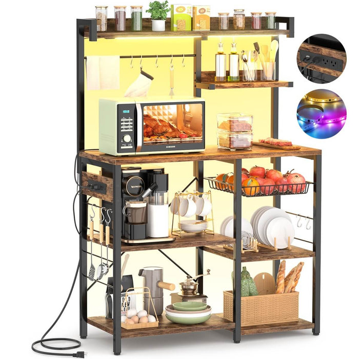 Baker's Rack with Power Outlets, LED Light, Storage Shelves & 10 Metal Hooks
