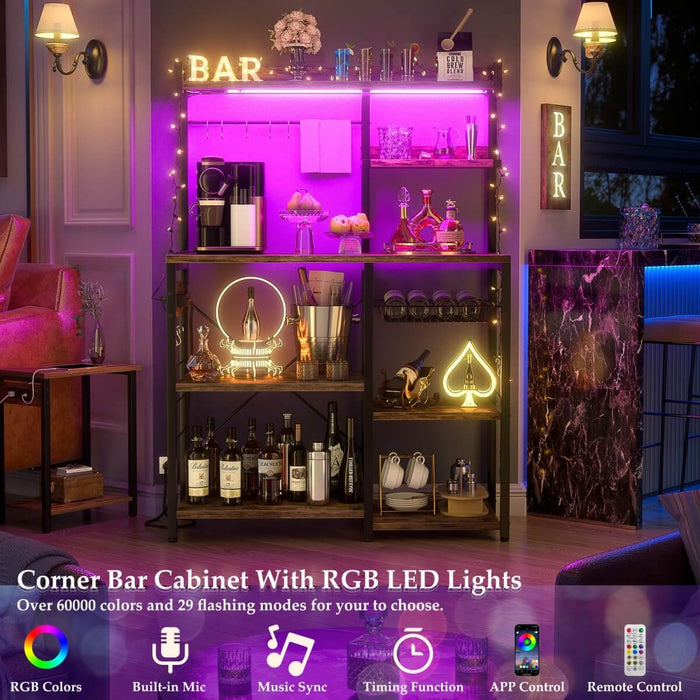 Baker's Rack with Power Outlets, LED Light, Storage Shelves & 10 Metal Hooks