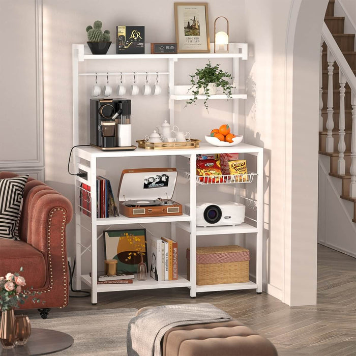 Baker's Rack with Power Outlets, LED Light, Storage Shelves & 10 Metal Hooks