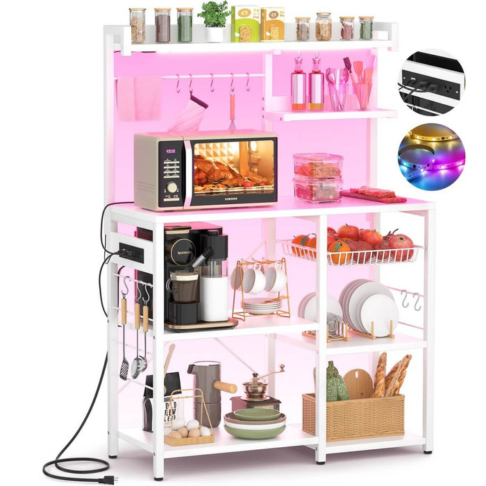 Baker's Rack with Power Outlets, LED Light, Storage Shelves & 10 Metal Hooks