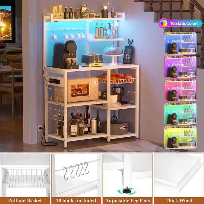 Baker's Rack with Power Outlets, LED Light, Storage Shelves & 10 Metal Hooks