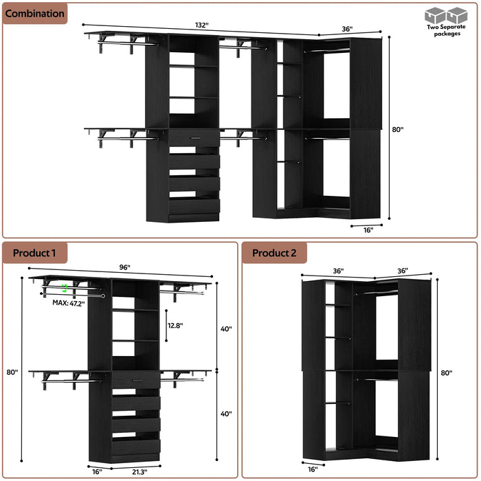 96"-128" L Shaped Freestanding Closet System with Drawers and Shelves