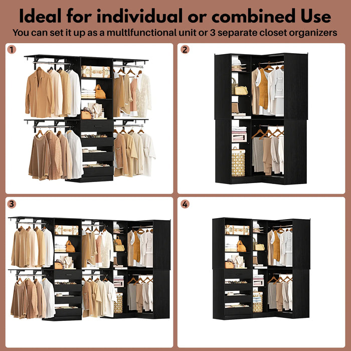 96"-128" L Shaped Freestanding Closet System with Drawers and Shelves