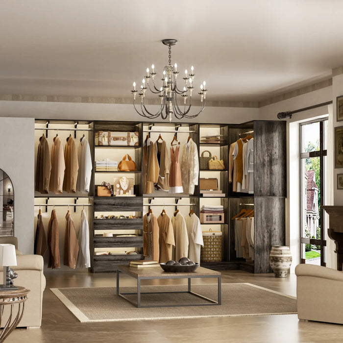 96"-128" L Shaped Freestanding Closet System with Drawers and Shelves