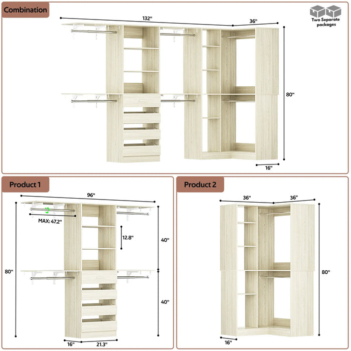 96"-128" L Shaped Freestanding Closet System with Drawers and Shelves