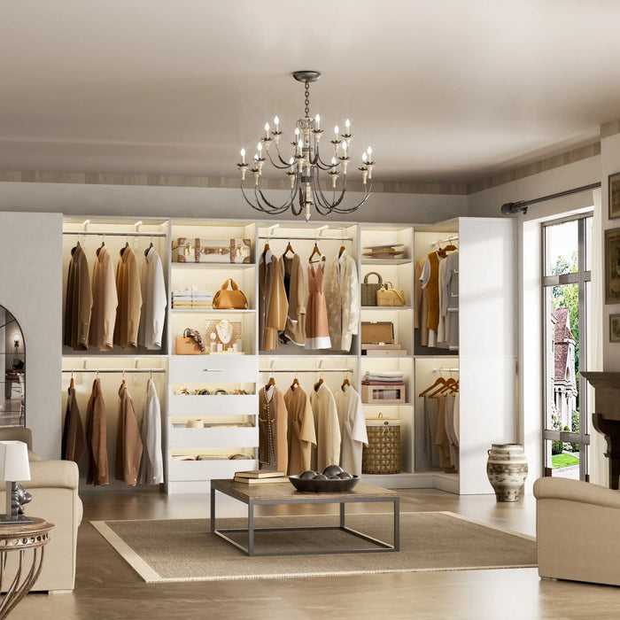 96"-128" L Shaped Freestanding Closet System with Drawers and Shelves