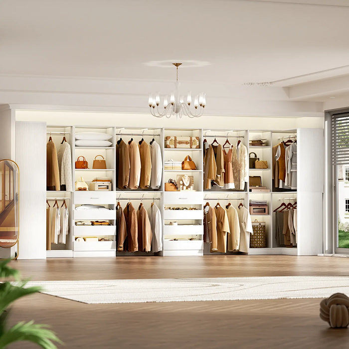 96"-128" L Shaped Freestanding Closet System with Drawers and Shelves