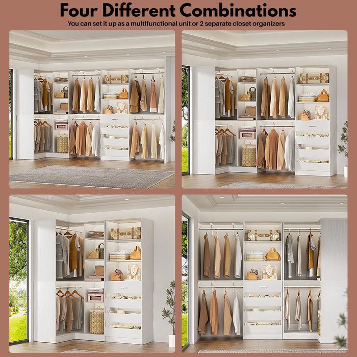 96"-128" L Shaped Freestanding Closet System with Drawers and Shelves