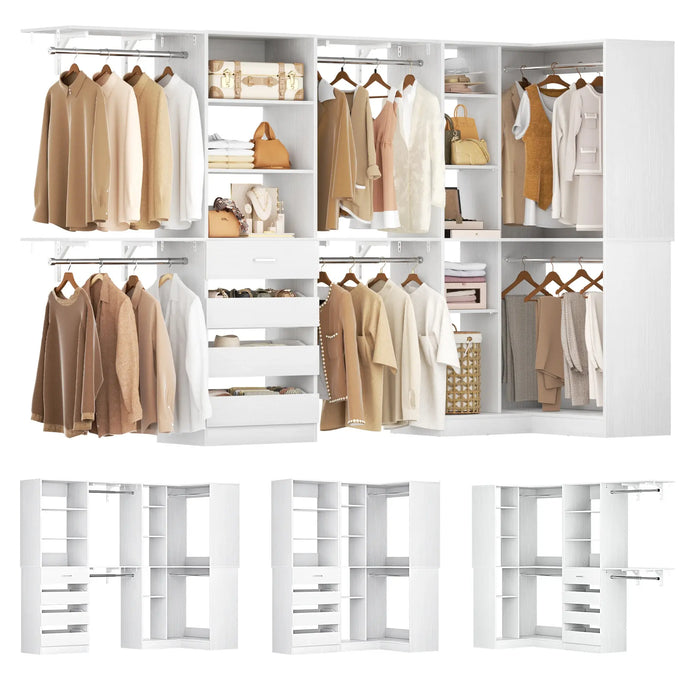 96"-128" L Shaped Freestanding Closet System with Drawers and Shelves