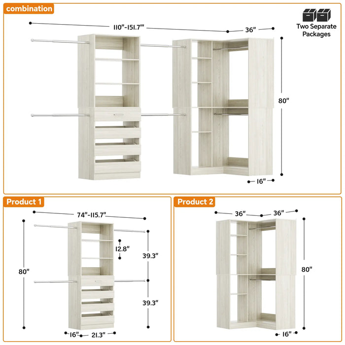 58"-152" Adjustable Freestanding Closet System with Drawers and Shelves, 2 Pack
