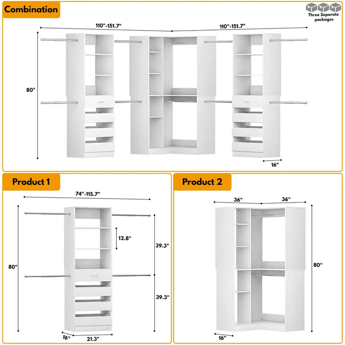 79"-267" Adjustable Closet System with Drawers & Shelves for Bedroom/Closet