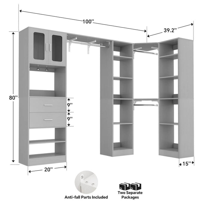 100 Inch L Shaped Closet Organizers and Storage System with Drawers and Corner Closet