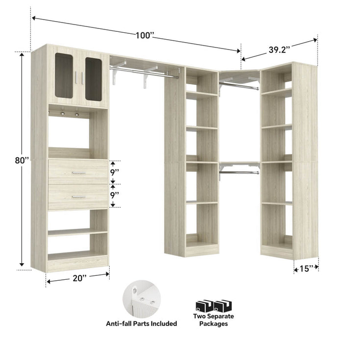 100 Inch L Shaped Closet Organizers and Storage System with Drawers and Corner Closet