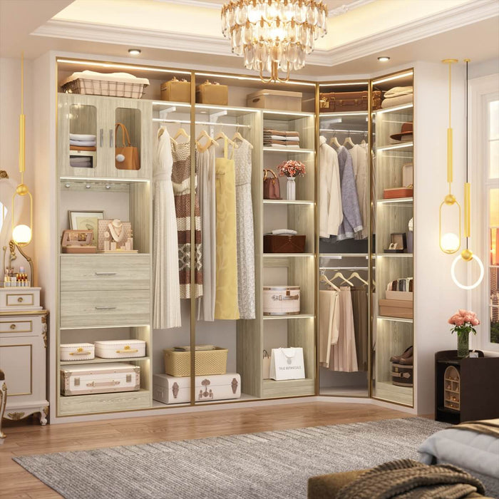 100 Inch L Shaped Closet Organizers and Storage System with Drawers and Corner Closet