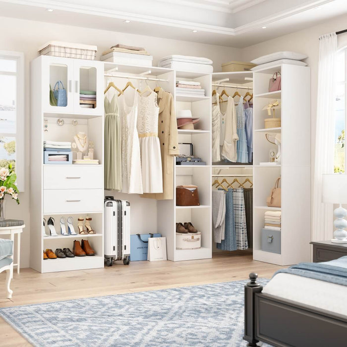 100 Inch L Shaped Closet Organizers and Storage System with Drawers and Corner Closet