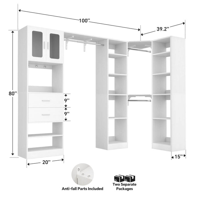 100 Inch L Shaped Closet Organizers and Storage System with Drawers and Corner Closet