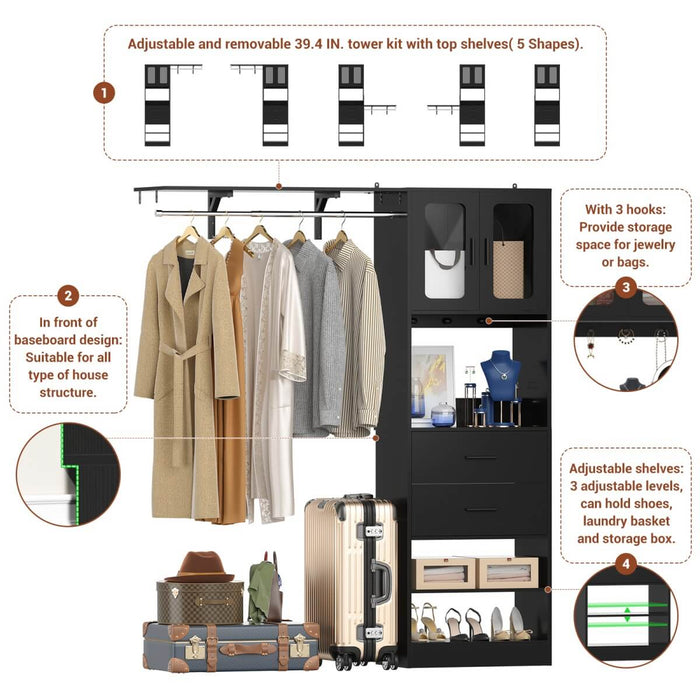 5FT Closet System with 3 Wooden Drawers, Hanging Rod, and Storage Cabinet