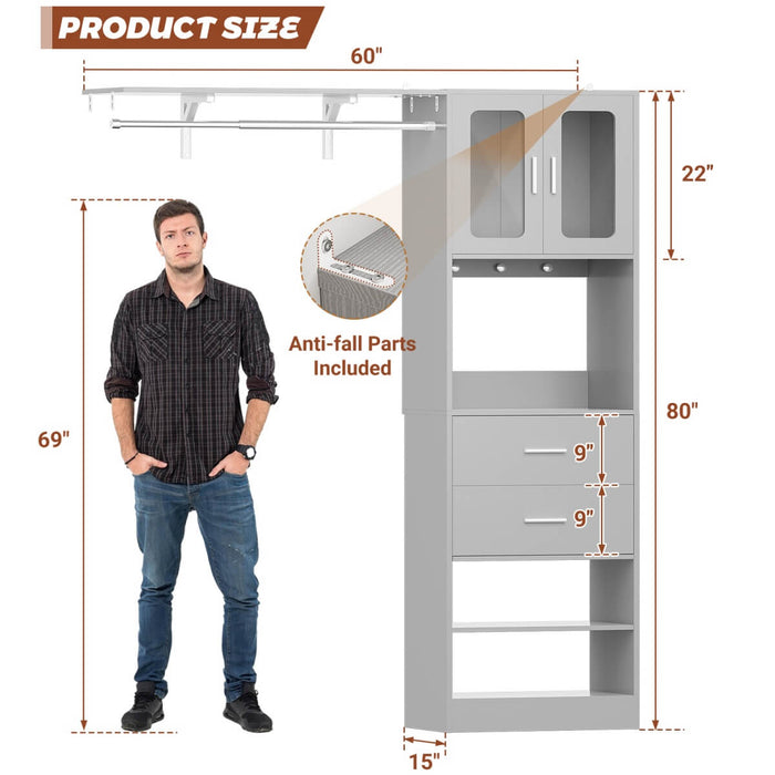 5FT Closet System with 3 Wooden Drawers, Hanging Rod, and Storage Cabinet