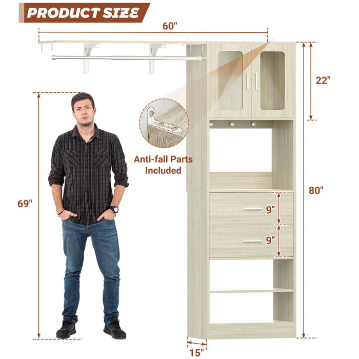 5FT Closet System with 3 Wooden Drawers, Hanging Rod, and Storage Cabinet