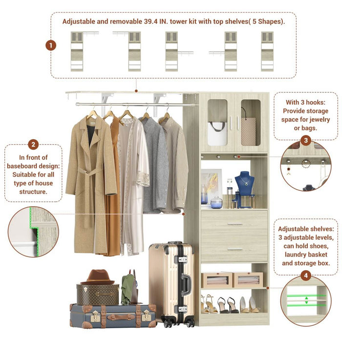 5FT Closet System with 3 Wooden Drawers, Hanging Rod, and Storage Cabinet