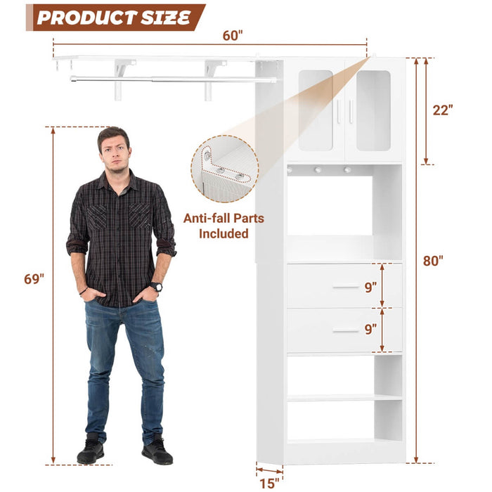 5FT Closet System with 3 Wooden Drawers, Hanging Rod, and Storage Cabinet