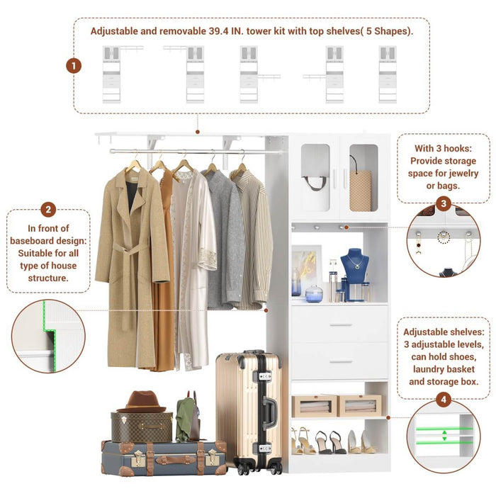 5FT Closet System with 3 Wooden Drawers, Hanging Rod, and Storage Cabinet