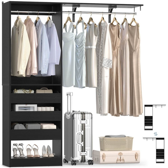 5FT Closet System with 3 Wooden Drawers & Hanging Rod, Reversible