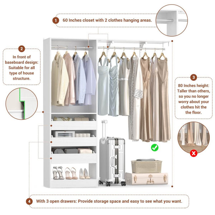 5FT Closet System with 3 Wooden Drawers & Hanging Rod, Reversible