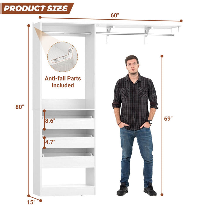 5FT Closet System with 3 Wooden Drawers & Hanging Rod, Reversible